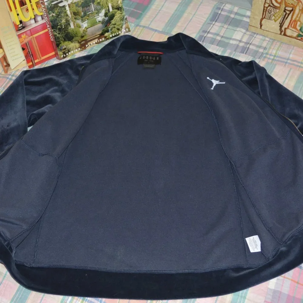 Jordan Men's Navy Blue Velour Zip-Front Sweater with Light Blue Jumpman